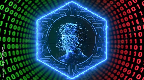 A glowing humanoid head within a tech circuit-like frame, binary code background, futuristic visual