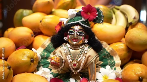 Krishna idol with fruits, and Hindu deity.