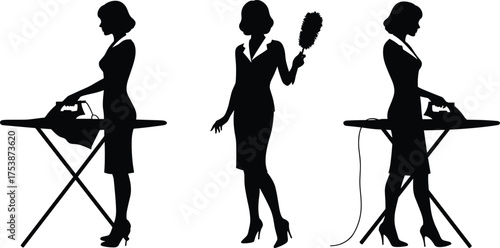 Housework woman silhouette set, ironing and dusting vector, domestic chore illustration, household cleaning poses, black figure graphic for stock content