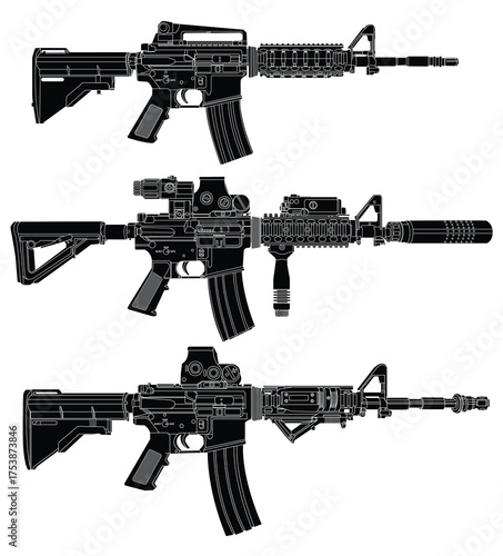 Set of army assault rifles silhouettes