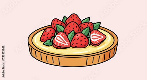Hand Drawn Illustration of a Fresh Strawberry Tart.