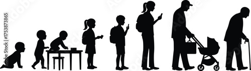  Human life cycle silhouette set, growth progress and development poses, aging concept illustration, black figure graphic for stock content usage