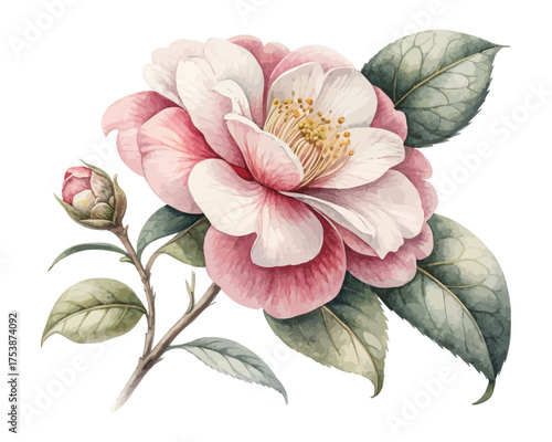 Camellia Flower Watercolor Design for Invitations 