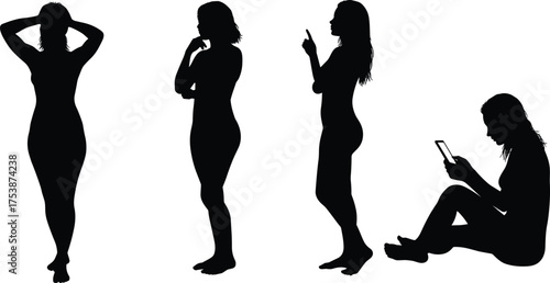  Human silhouette poses, thoughtful gesture, pointing hand, relaxed posture, mobile device use, black vector icons, body language illustration, isolated on white background