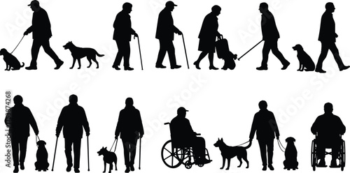  Inclusive silhouettes of people with mobility aids and dogs walking, sitting, interacting, showcasing companionship, accessibility, diversity, and support themes.
