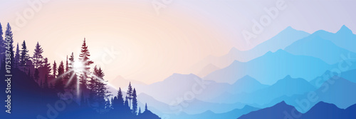 Sunrise in the mountains, wild forest, misty silhouettes of ridges, shining sun, vector illustration