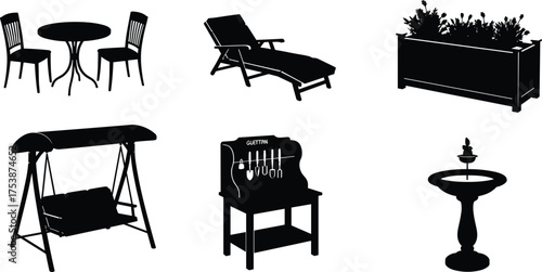 Outdoor furniture silhouette, garden accessories, patio decor, black icons, swing, bench, fountain, planter, table, chair, minimalist design