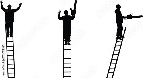  Ladder silhouette workers, chainsaw posture, construction safety, elevated job, risky gesture, height task, black figure, vector illustration, tool handling pose