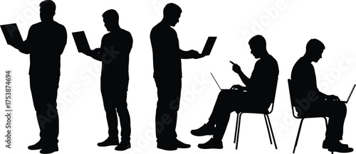 Laptop user silhouettes, standing and seated poses, black vector illustration, digital interaction, work posture, technology usage, modern lifestyle, ergonomic concept