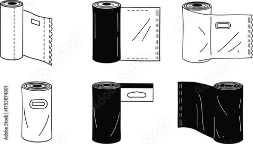 Plastic garbage bag roll vector set, waste disposal illustration, trash bag icon collection, recycling and cleaning equipment design, household supply art
