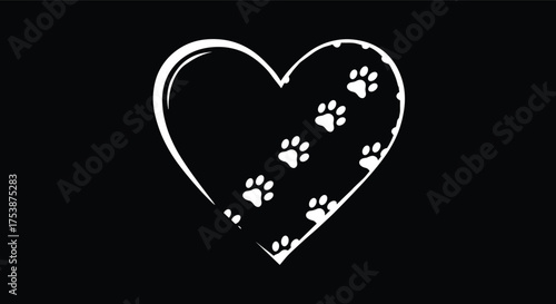  Pet love heart vector icon, paw print pattern design, animal care symbol, black and white graphic for stock content, adoption theme illustration