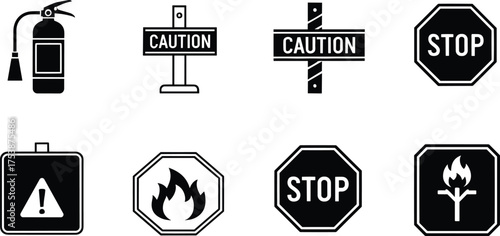 Safety and caution road sign collection, stop, fire extinguisher, danger, warning, flammable, emergency icon vector, black symbol illustration