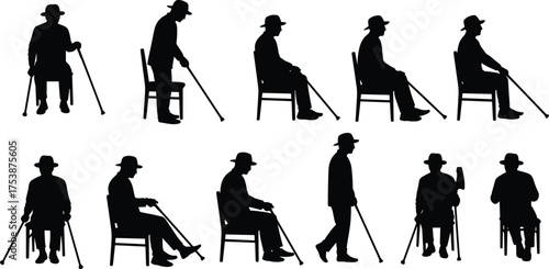  Senior cane user silhouette set, elderly posture and mobility, sitting and walking poses vector, black figure graphic for stock content use
