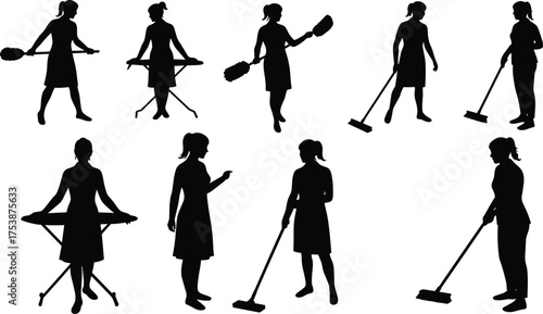  Set of eight household cleaning silhouettes showing dusting, ironing, vacuuming and pointing, domestic chores icons, cleaning service, home maintenance, housekeeping activities