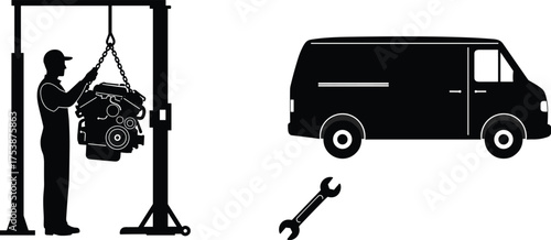  Silhouette illustration of auto mechanic working on car engine with wrench and van, automotive repair service, maintenance, engineering, and mechanical workshop concept