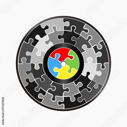 Long playing vinyl record made of puzzle pieces. Vector isolated on white background.