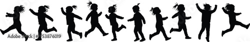  Silhouette illustration of happy children running and jumping, outdoor playtime, childhood freedom, fun activity, energetic movement, kids joy vector design