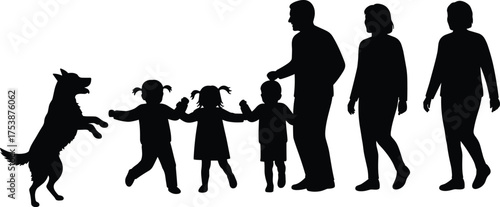  Silhouette illustration of happy family with children and dog, spending leisure time together, representing love, unity, happiness, and outdoor family bonding concept