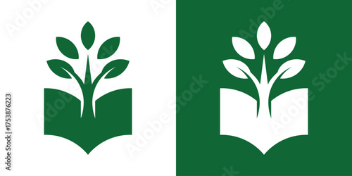 Modern education logo combining an open book and tree symbolizing knowledge,and learning. Minimalist flat vector design ideal for school, college, library, and educational branding.