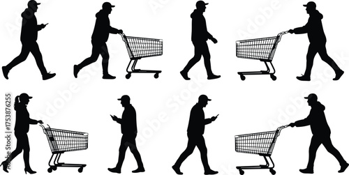 Silhouette illustration of people shopping with carts and using smartphones, representing modern consumer lifestyle, retail activity, technology use, and supermarket shopping concept