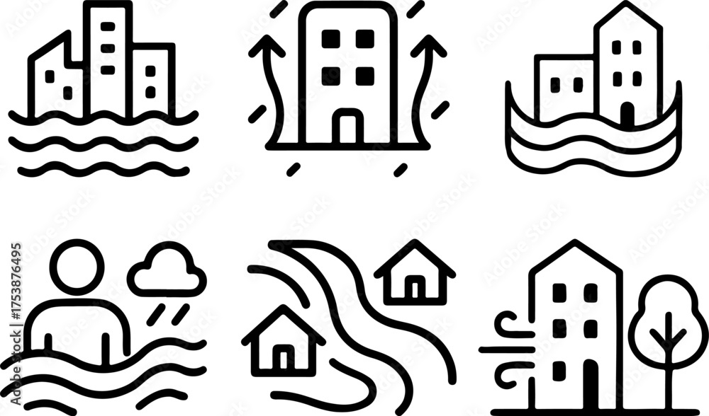 Fototapeta premium Climate change adaptation strategy line icons set