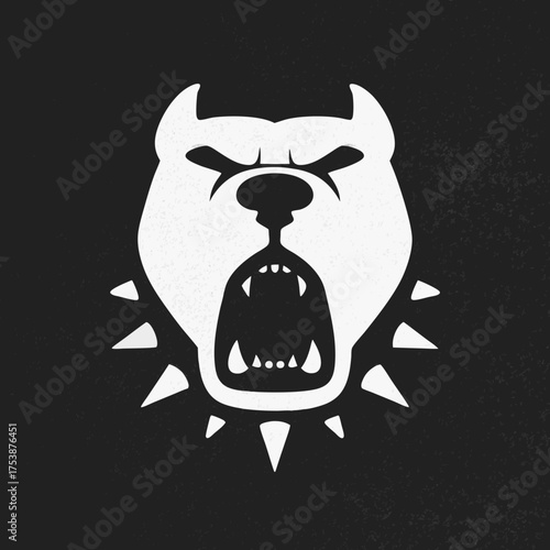 Powerful snarling canine head illustration with spiked collar. Aggressive dog mascot design on a dark background.