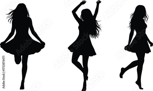  Silhouette illustration of woman dancing and moving gracefully in dress, expressing freedom, happiness, joy, art, fashion, lifestyle, feminine beauty vector design
