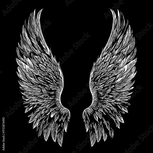 Detailed white angel wings illustration on black background, intricate feathered design, heavenly graphic element, freedom concept