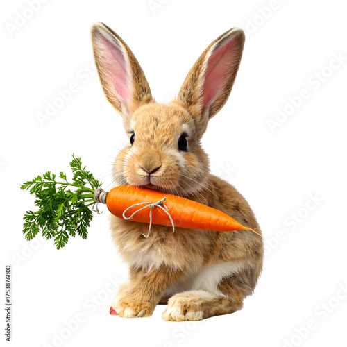 Fluffy rabbit holds a fresh carrot with green leaves.
