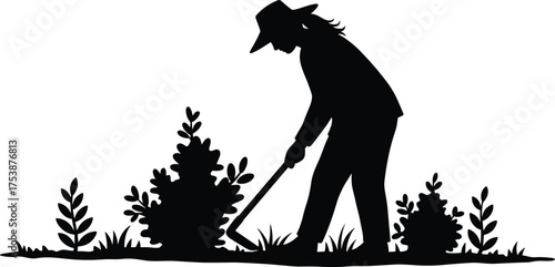  Silhouette of a gardener working in garden with hoe, farming activity, agriculture concept, countryside lifestyle, black vector illustration isolated design