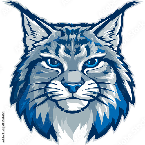 Fierce Wild Cat Head Mascot Illustration with Piercing Blue Eyes and Textured Fur in Blue and Gray Tones