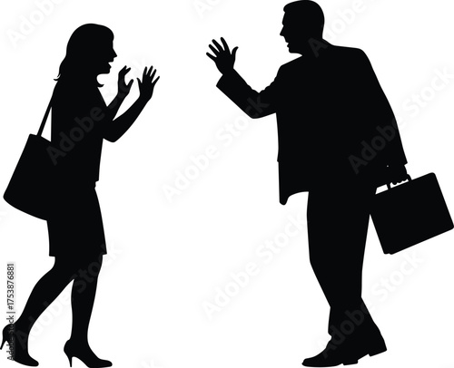  Silhouette of business man and woman arguing, conflict communication illustration, disagreement vector concept, stressed office people interaction and emotional reaction design