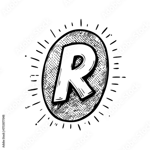 Hand drawn letter R in oval with sunburst illustration. Vintage comic book style doodle with crosshatching. Black and white sketch alphabet.