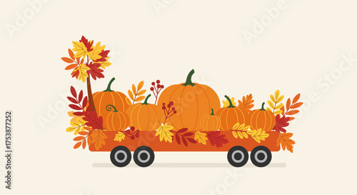 Autumn Harvest Pumpkins on a Hayride Wagon, A Festive Vector Illustration