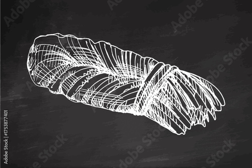 Hand drawn vintage sketch of smoked braided cheese on chalkboard background in monochrome style, detailed dairy illustration