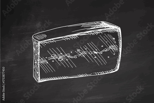 Hand drawn vintage sketch of herbal layered cheese block on chalkboard background in monochrome style, detailed illustration
