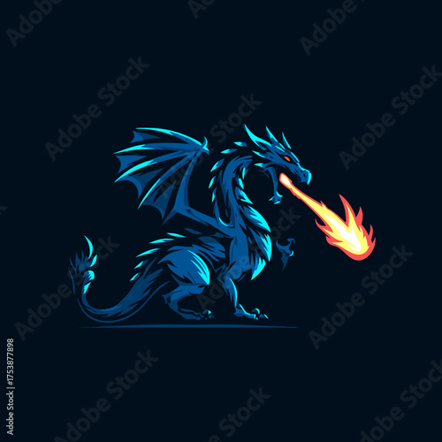 Mighty Blue Dragon Spitting Intense Fire Illustration. Fantasy Creature with Glowing Eyes on a Dark Background.