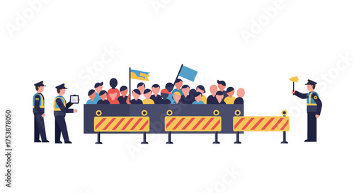 Border Crossing Crowd of People Waiting Near Barrier with Flags