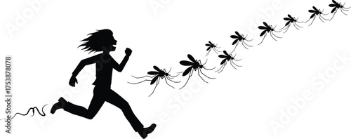  Silhouette of person running away from mosquitoes, funny insect chase vector, humorous outdoor scene illustration, fear and motion concept design