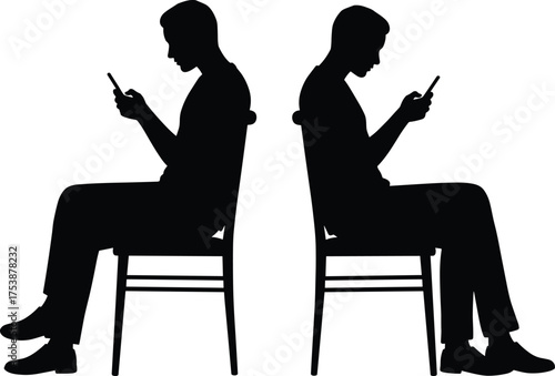 Silhouette of two men sitting back to back using smartphones, digital addiction, communication disconnect, modern technology dependence, online social isolation concept illustration