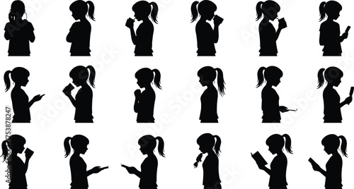  Silhouette of woman with ponytail using smartphone, drinking coffee, reading book, modern lifestyle activity poses, communication and relaxation vector illustration