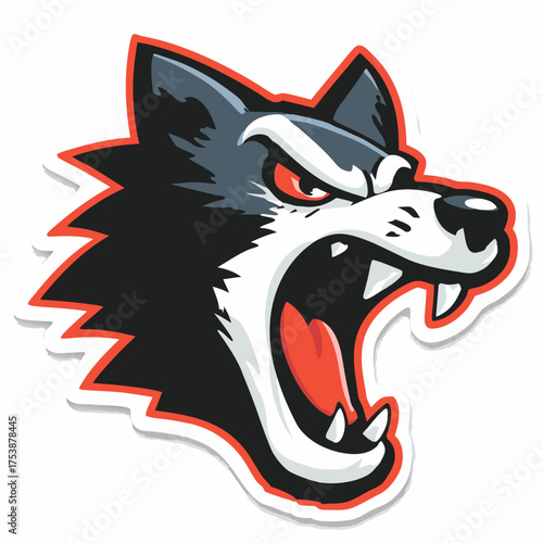 Aggressive cartoon wolf head mascot illustration with snarling expression and fierce red eyes on white background, powerful canine graphic.