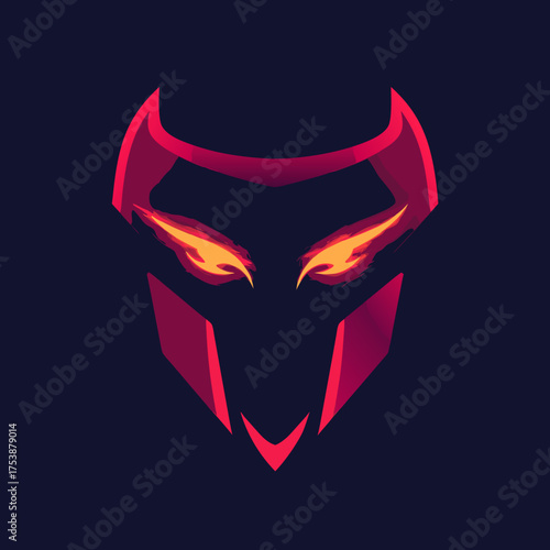 Abstract stylized predatory mask illustration with glowing fiery eyes, modern vibrant red and deep purple geometric design. Ideal for gaming, esports, or dark fantasy themes.