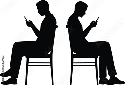  Smartphone addiction concept, back-to-back people silhouettes, mobile device usage, social disconnection, modern technology isolation, editable vector illustration, white background, stock graphic