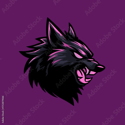 Fierce dark wolf head with bared fangs and glowing pink eyes, a stylized animal mascot illustration for gaming or sports logos.