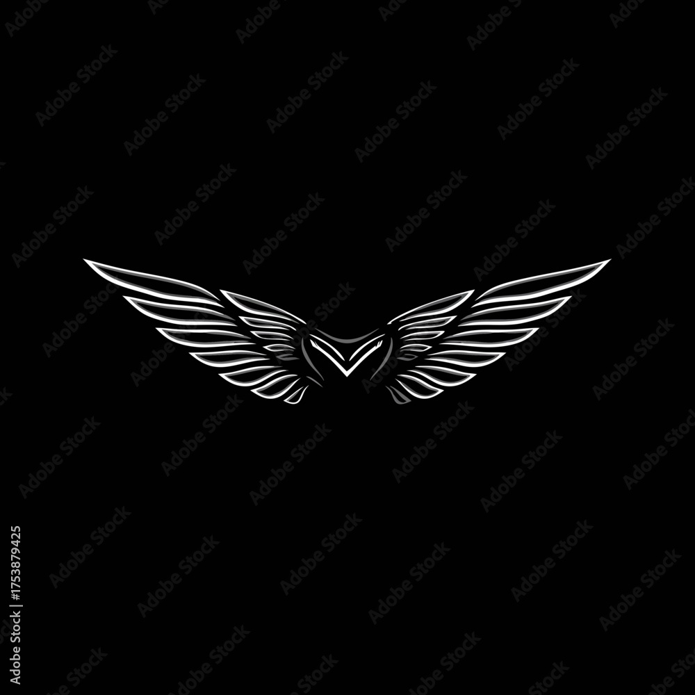 Fototapeta premium Elegant white stylized wings graphic on black background. Majestic bird wings emblem, symbol of freedom, flight, power, and aspiration.