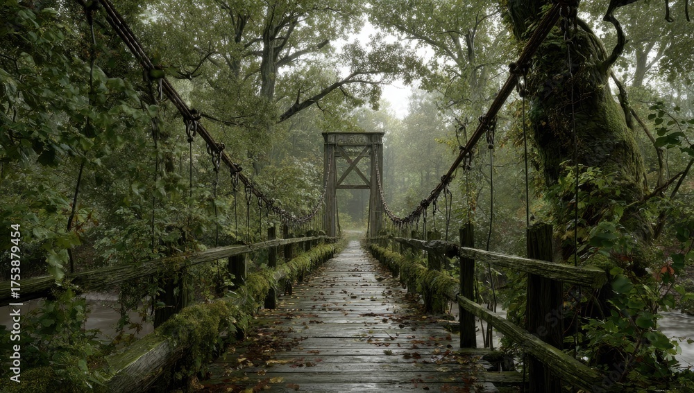 Fototapeta premium Misty, overgrown suspension bridge