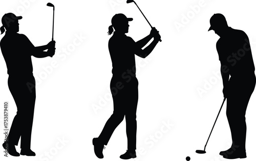  Three golf silhouettes showing swing sequence, follow-through and putting poses, golfer practice vector, sports technique, club motion, golf posture study