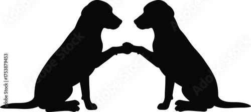  Two dogs sitting face to face, holding paws, animal friendship silhouette, pet love vector illustration, loyalty and companionship concept design for print.