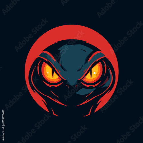 Intense glowing eyes of a dark, mysterious creature mascot or character design, set within a red circle, featuring a fierce and predatory look.